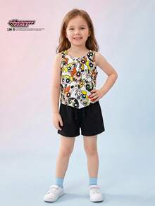 THE POWERPUFF GIRLS X SHEIN Maija Kids Áo tank top không tay cổ tròn, chất liệu mềm mại, họa tiết hoạt hình dành cho bé gái. - Nhiều màu - Xem 7