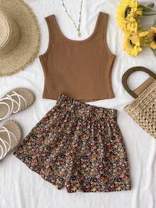 SHEIN Tween Girl Tween Girl Brown Tank Top With Dusty Flower Print And Paper Bag Shorts 2 Pieces Set, Suitable For Summer Vacation - Brown - View 2