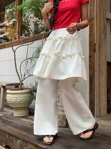 DAZY Pantalones largos versátiles 2 en 1 de estilo coreano unicolor para mujer - Blanco - Ver 1