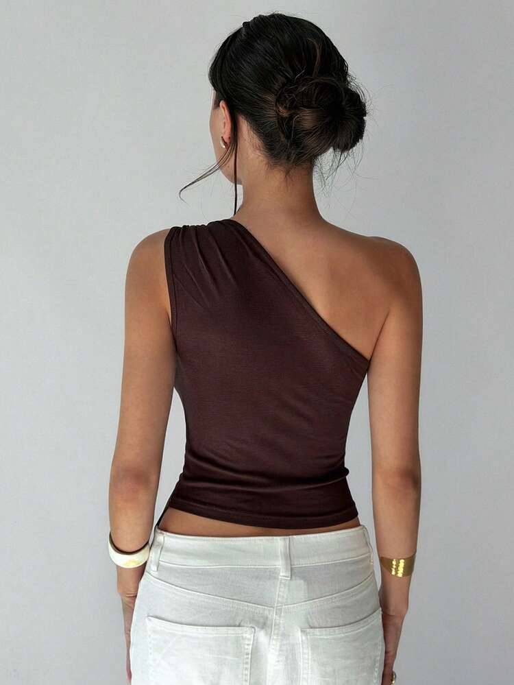 Solid Color Asymmetrical Shoulder Backless Fitted Elegant Sexy Summer Tank Top Vest For Women