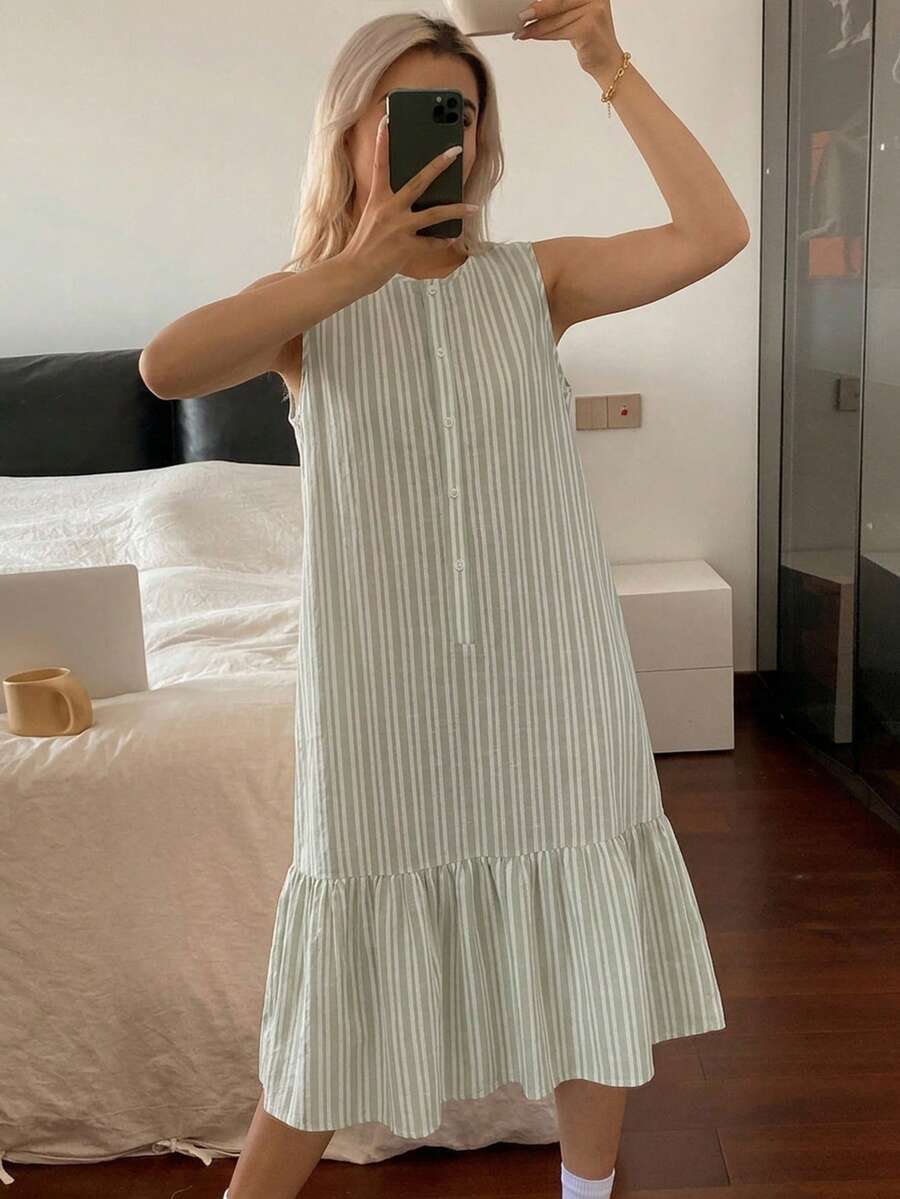 DAZY Women's Striped Button Design Sleeveless Casual Loungewear Dress - Green - View 1