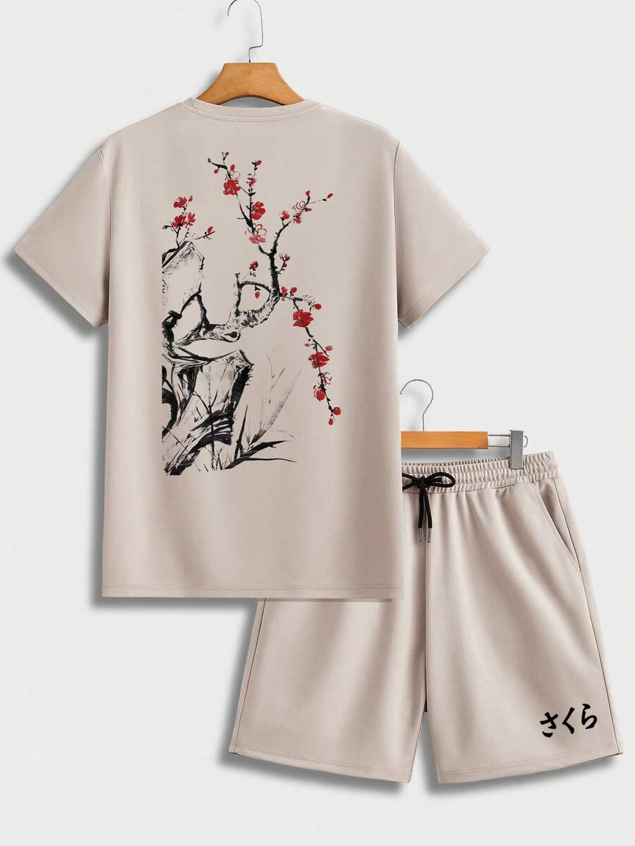 Manfinity Homme 日系复古樱花枝印花休闲男士标准尺码卡其色T恤和短裤套装 - 卡其色 - 查看 1