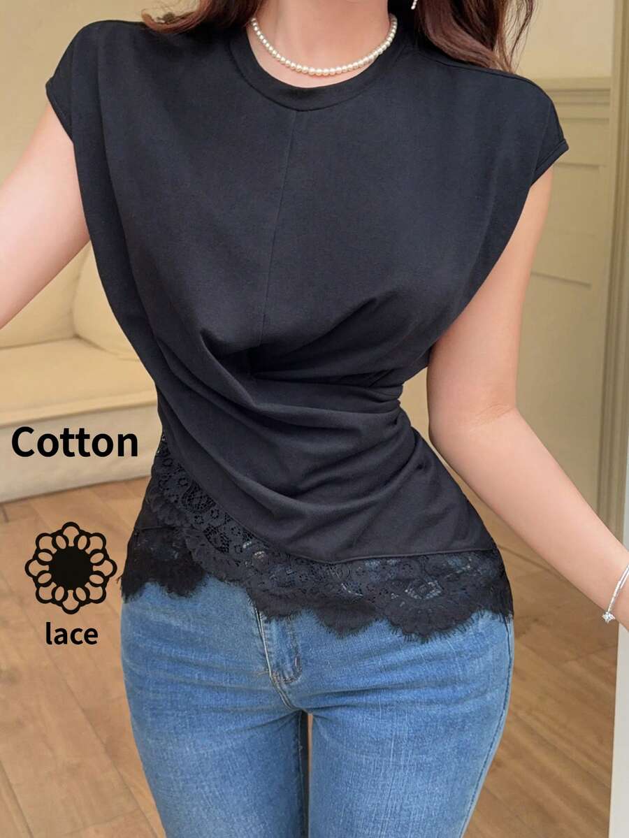 Mulvari Women's Lace Patchwork Pleated Casual Versatile Daily Wear Blouse - Black - View 1