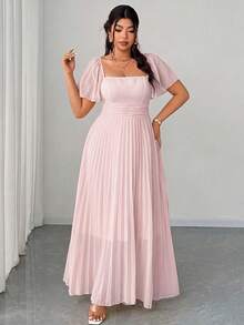 Elenzga Abito elegante e romantico da donna con maniche corte, scollo quadrato, vita arricciata e linea ad A, di colore crema e giallo - Rosa - Visualizzare 4