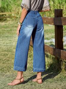 SHEIN LUNE Jeans anchos de pierna lavados de estilo casual para vacaciones de mujer - Azul lavado oscuro - Ver 2