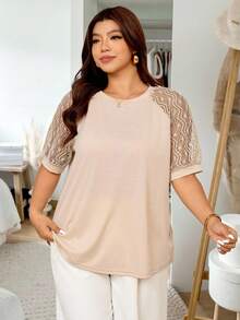 Vionelle T-shirt à col rond à manches courtes en patchwork de dentelle grande taille, pull décontracté, printemps/été - Kaki - Voir 4