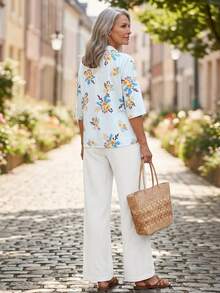EMERY ROSE Completo casual da donna di mezza età e anziana con top a scollo a V e pantaloni con stampa floreale - Multicolore - Visualizzare 2