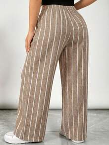 SHEIN LUNE Quần ống rộng kẻ sọc cỡ lớn kiểu dáng thường ngày - Màu Khaki - Xem 2