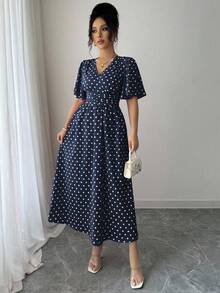 SHEIN LUNE 女士波点印花V领短袖连衣裙 - 藍色 - 查看 5