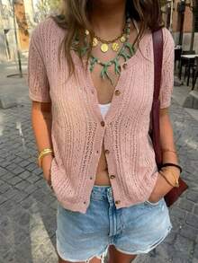 Plus Size Women's Vintage Cottagecore Style | Dusty Pink Pointelle Knit Short Sleeve Cardigan - Sweet Button Down Lightweight Sweater Top - Coral Pink - View 7