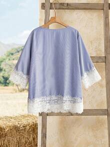 Rusticease Plus Size V-Neck Lace Trim Striped Fashion Summer Shirt - Blue - View 2