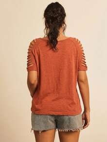 Freevana Plus Size Women Casual Solid Color Off Shoulder Short Sleeve T-Shirt - Coral Orange - View 2