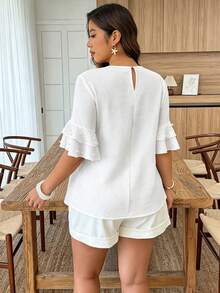 Weeklong Plus Size Women's Round Neck Ruffle Sleeve Beaded Casual Blouse, Spring/Summer - Beige - View 6