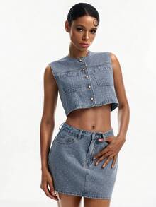 Joudiya Bộ vest denim nữ đính đá lấp lánh, một hàng cúc và chân váy ngắn. - Rửa nhẹ - Xem 1