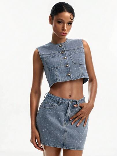 Joudiya Women's Rhinestone Embellished Single-Breasted Vest And Mini Skirt Denim Suit