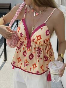 DAZY Women's Vacation Casual All-Over Print Lace Trim Camisole - Red - View 5