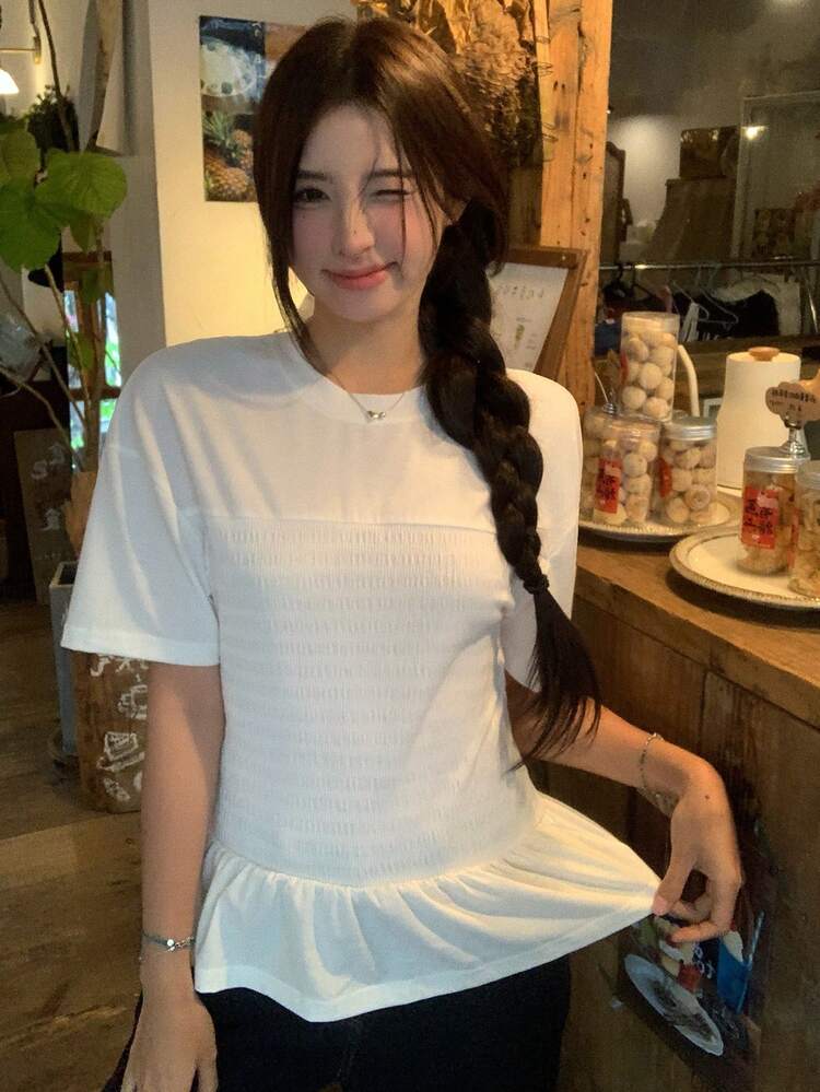 Women's Summer Round Neck Textured Fabric Splicing Waist Cinched Casual Pullover T-Shirt