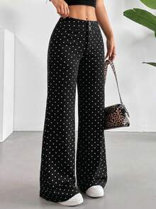 SHEIN EZwear 女士宽松休闲波点针织裤，百搭 - 黑色 - 查看 1