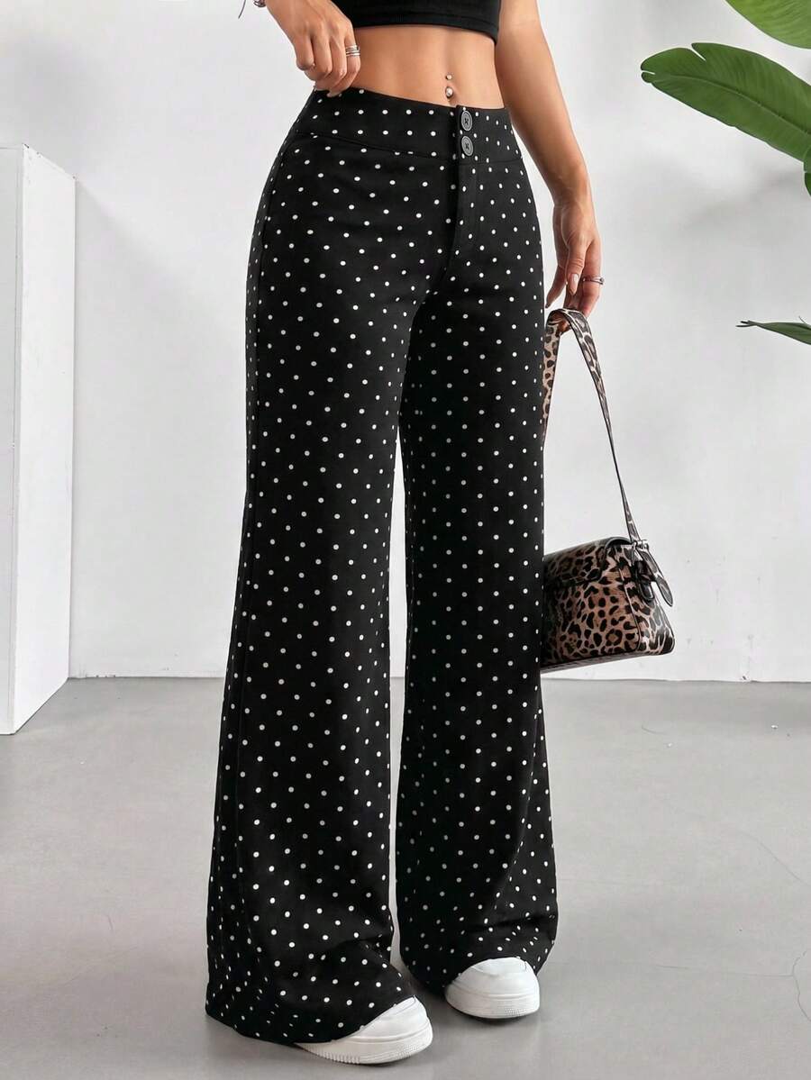 SHEIN EZwear 女士宽松休闲波点针织裤,百搭 - 黑色 - 查看 1