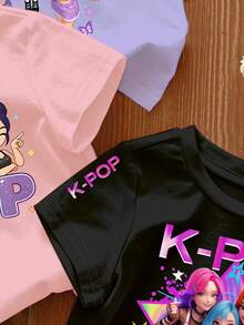 Set de 3 piezas de moda casual de verano para niñas jóvenes, con diseño creativo y personalizado, de estilo minimalista y fresco, con estampados de estrella de pentágono, letras y eslóganes, en una combinación de blusas de manga corta, cómoda para uso diario, estilo de verano, adecuado para niñas - Rosa - Ver 6