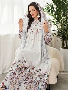 Al Najma Ruched Floral Patterned Elegant Dress With Headscarf - Multicolor - View 5