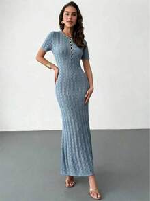 SHEIN Raffinéa Đầm len nữ mùa xuân/hè dáng ôm vừa vặn, cổ tròn, tay ngắn, cài khuy nửa thân, vạt đuôi cá, màu mơ. - Màu xanh lam - Xem 3