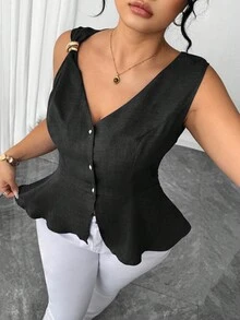 SHEIN Elenzya Áo kiểu thanh lịch dành cho nữ cỡ lớn, cài cúc kim loại và đính ngọc trai. - màu đen - Xem 3