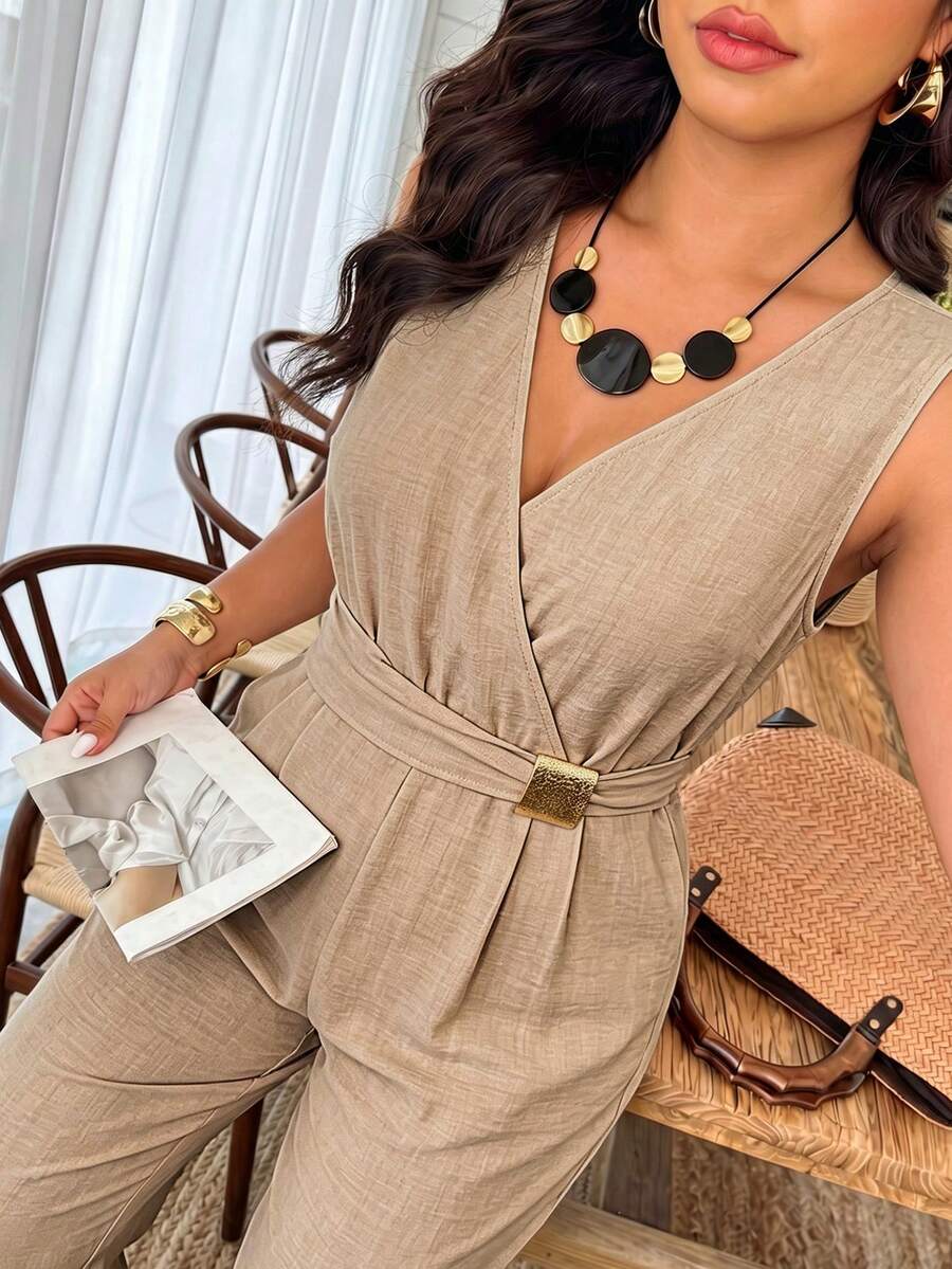 Weeklong Plus Size Women's V-Neck Wrap Waist Straight Leg Jumpsuit With Metal Buckle Decor, Sleeveless, Long Length, Casual For Daily Wear And Vacation - Khaki - View 1