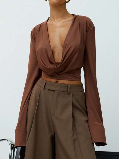 Hauture Blusa de punto con cuello de capucha de manga larga, uso casual y de oficina, para mujer
