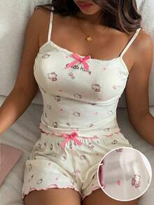 HELLO KITTY | DAZY 女士可爱卡通印花蝴蝶结装饰吊带背心和休闲短裤睡衣套装，夏季 - 白色 - 查看 3