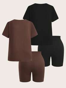 SHEIN EZwear 2件套休闲宽松字母印花短袖T恤和紧身骑行短裤，适合户外、日常、派对、通勤、音乐节、感恩节、母亲节、返校、毕业典礼、海滩度假、街头风、居家休闲、探索、城市漫步等多种场合穿着，米色和黑色大码纯色套装，4件套 - 彩色 - 查看 2