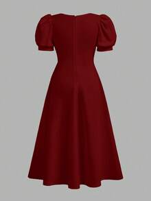 SHEIN Tween Girls' Square Neck Puff Sleeve Waist Cinched Hem Long Dress - Burgundy - View 5
