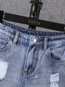 SHEIN Quần short denim rách gấu kiểu Y2K thời trang thường ngày cho bé trai, chất liệu mềm mại, thích hợp mặc hàng ngày và là trang phục mùa hè, mùa xuân cho thiếu niên. - Rửa nhẹ - Xem 5
