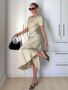 Siren Gaze Elegant Beige Striped Summer Maxi Dress For Women,Luxury Asymmetrical Tea Party Brunch Outfits, Slim Fit Short Sleeve Retro Office Siren Work Dress - Apricot - View 7