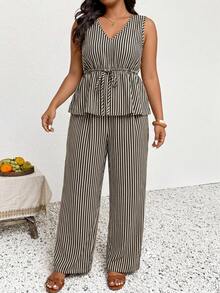 SHEIN Frenchy Bộ đồ 2 món dành cho nữ cỡ lớn, gồm áo tank top và quần kẻ sọc. - Nhiều màu - Xem 4