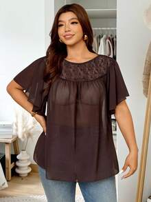 Vionelle Plus Size Brown Chiffon Elegant Summer Tea Party Top,Women's Sheer Casual Vacation Blouse With Hollow Floral Trim At Neckline & Shoulders Dinner Shirt - Coffee Brown - View 4