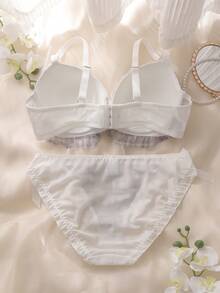 DelicateAllure 2pcs Plaid 3/4 Cup Underwire Padded Bra With Lace Trim, Layered Ruffle, Flounce, Bow Decor, Kawaii Cute Style, Fresh & Adorable Comfy Balconette - Blue - View 2