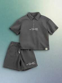 SUMWON Ribbed Textured Polo Shirt With Zip Collar And Matching Elastic Waist Shorts Coordinated Set Limited Edition - Dark Grey - View 1