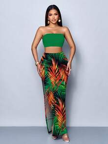 SOLERSUN 女士春夏热带棕榈叶印花无肩带长款连衣裙套装 - 街头时尚、节日商务休闲、百搭日常穿着、假日和度假派对以及舒适的外出服装。 - 彩色 - 查看 4