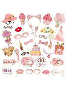 33 件玫瑰金闪光生日照片亭道具套件，DIY 趣味生日快乐照片道具套装，适用于女性装饰品（带棍棒），生日派对装饰品及用品，圣诞节 - 彩色 - 查看 17