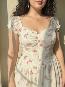 SHEIN MOD Đầm midi mùa hè tay ngắn xếp ly màu trắng in hoa thanh lịch dành cho nữ cỡ lớn - Nhiều màu - Xem 8