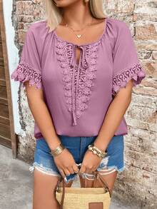 SHEIN Holidaya Plus Size V-Neck Lace Trim Raglan Sleeve Tie Collar Blouse - Pink - View 3