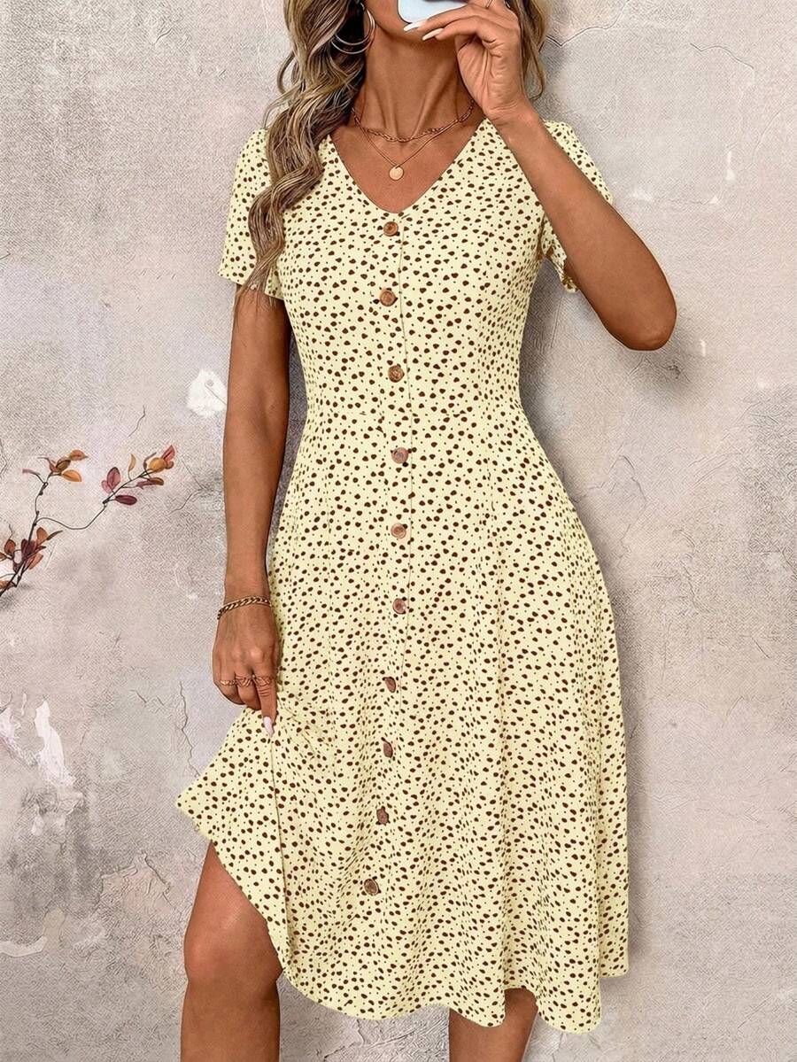 SHEIN Clasi 大码夏季日常全印花前扣V领短袖连衣裙 - 黃色 - 查看 1