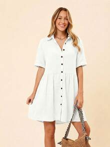 Coeurva Holiday Loose Solid Color Casual Women Summer Shirts Dress With Ruffled Hem - White - View 4