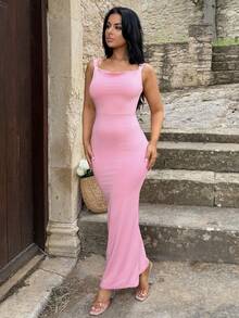Vassilux 1 pieza Vestido rosa de mujer con decoración de lazo en la espalda - Vestido de mujer para otoño, fiesta de Navidad, vestido formal de Año Nuevo, vacaciones de Acción de Gracias, casual de negocios, elegante de Año Nuevo, vestido para sesión de fotos, vestido de verano para mujer, vestido en tonos pastel para mujer - Rosa - Ver 1