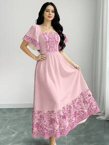 Modelyn Đầm ngắn tay cổ vuông in hoa, đầm midi mùa hè thắt eo, đầm hồng họa tiết hoa. - Nhiều màu - Xem 4