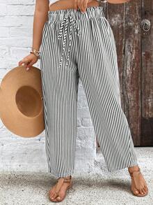 SHEIN VCAY Plus Size Casual Striped Women Pants Fall - Black and White - View 3