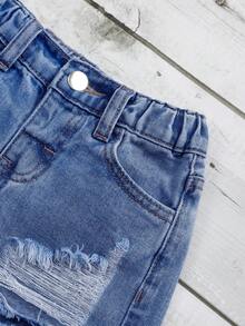 SHEIN Young Girl' Distressed Frayed Hem Fashionable Versatile Summer Denim Wide Leg Shorts - Dark Wash - View 4