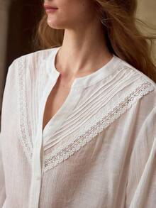 MOTF PREMIUM RUCHED COMFORTABLE FABRIC ROMANTIC LACE STRIPED DECOR CASUAL COMMUTE VACATION SHIRT - Beige - View 7