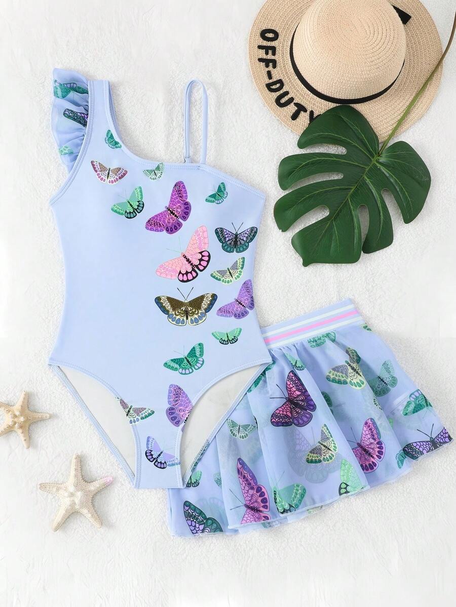 SHEIN 少女蝴蝶印花不对称领口连体泳衣和裙子套装 - 藍色 - 查看 1